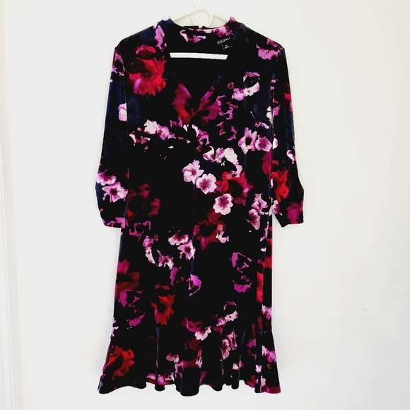 ROZ & ALI Crushed Velvet Floral Dress 3/4 sleeves - Picture 1 of 11